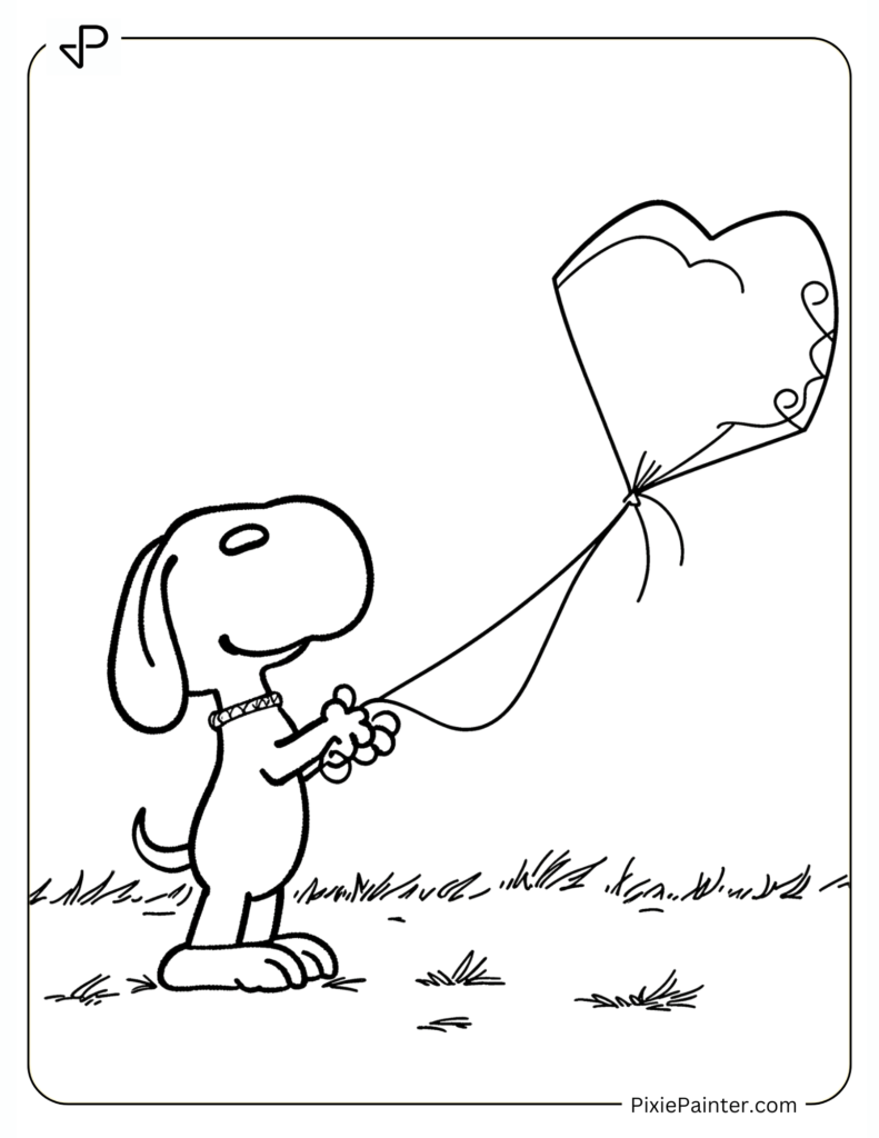 Coloring Page Where Snoopy Flying a Heart-Shaped Kite