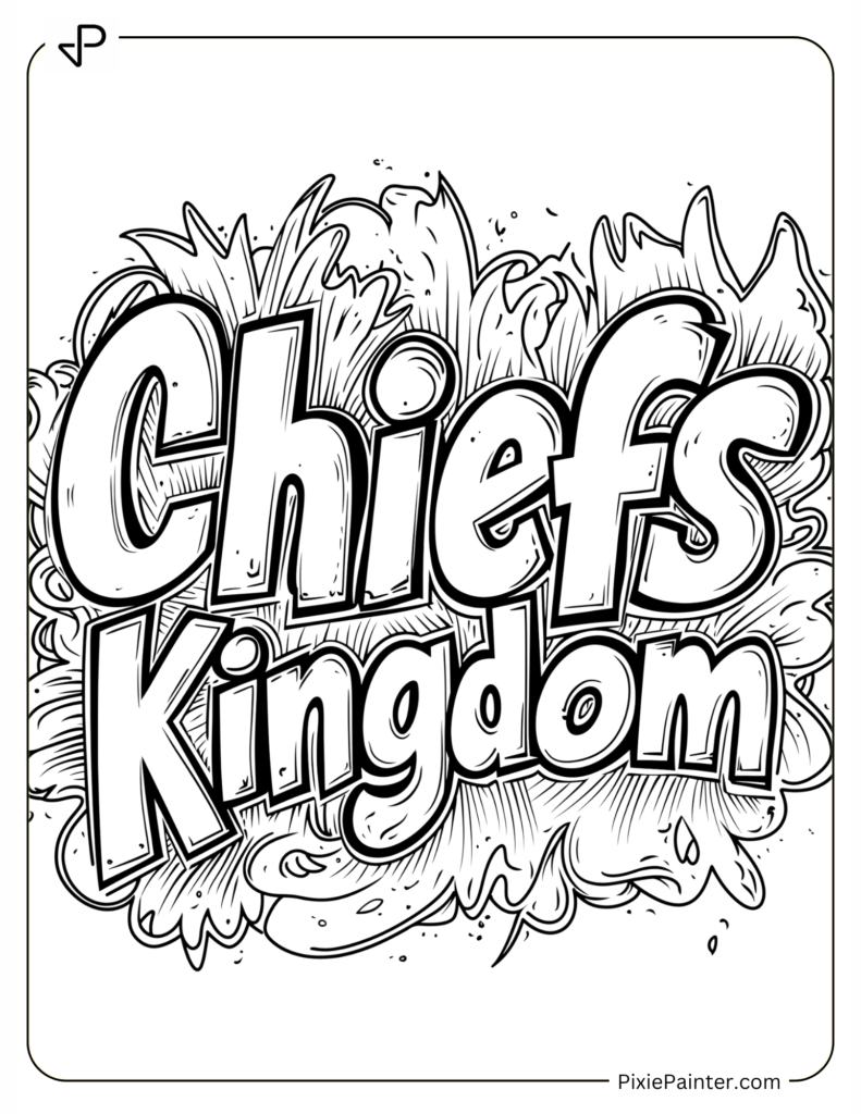 Kansas City Chiefs Coloring Page Where “Chiefs Kingdom” Slogan in Bubble Style