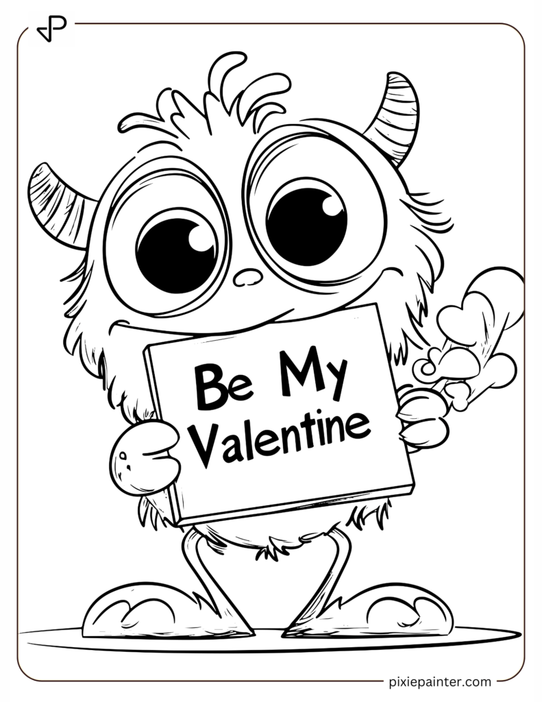 Valentine's day coloring pages for boys of Cute Monster Holding a Be My Valentine Sign