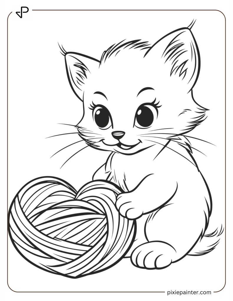 Valentine's Coloring Page Where Kitten Playing With A Heart Shaped Ball Of Yarn