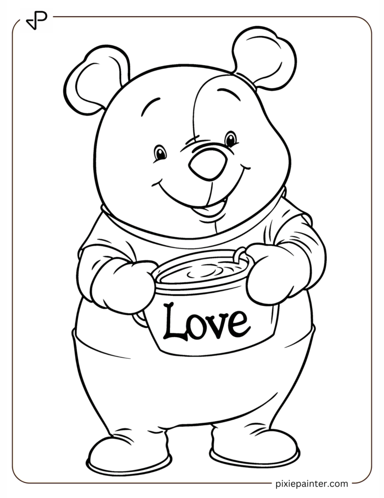 3. Pooh With A Honey Pot Labeled _Love -winnie the pooh valentines day coloring pages