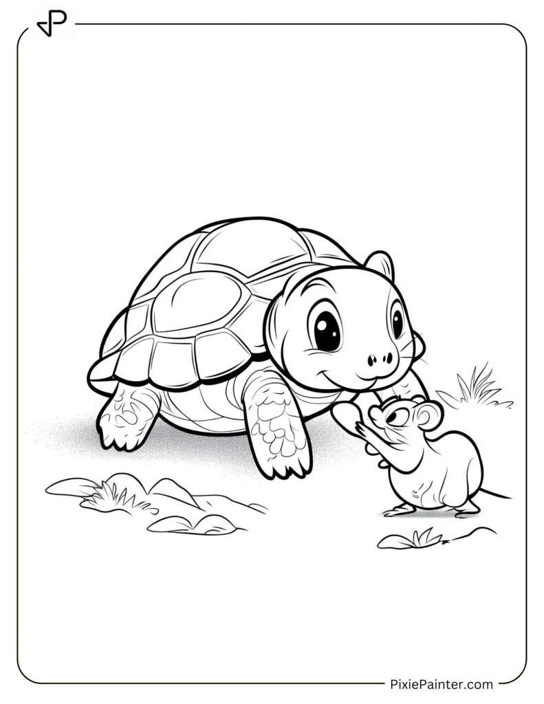 Tortoise Coloring Pages of Playful Tortoise with a Tiny Mouse