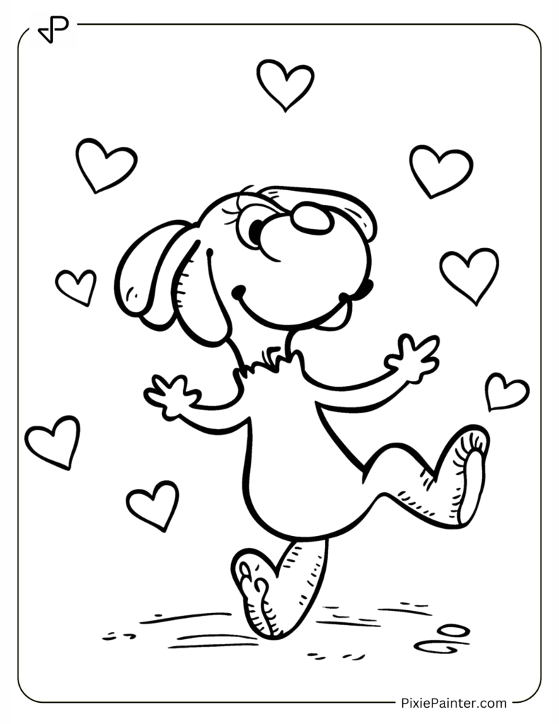 Coloring Page Where Snoopy Dancing with Floating Valentine’s Hearts