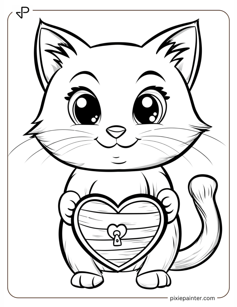 Valentine's Coloring Page Where Cat With A Heart-Shaped Treasure Chest