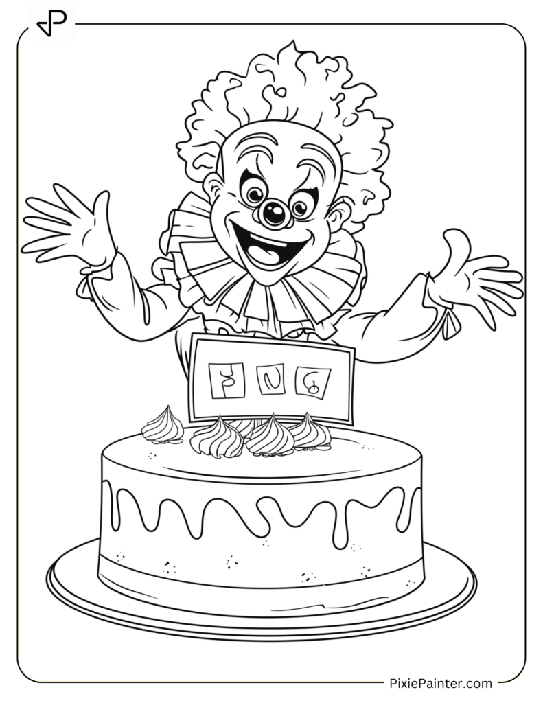 Clown Popping Out Of Cake With Sign