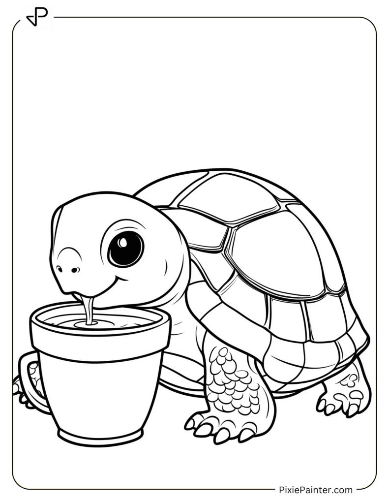 Tortoise Coloring Pages of Thirsty Tortoise Drinking from a Cup