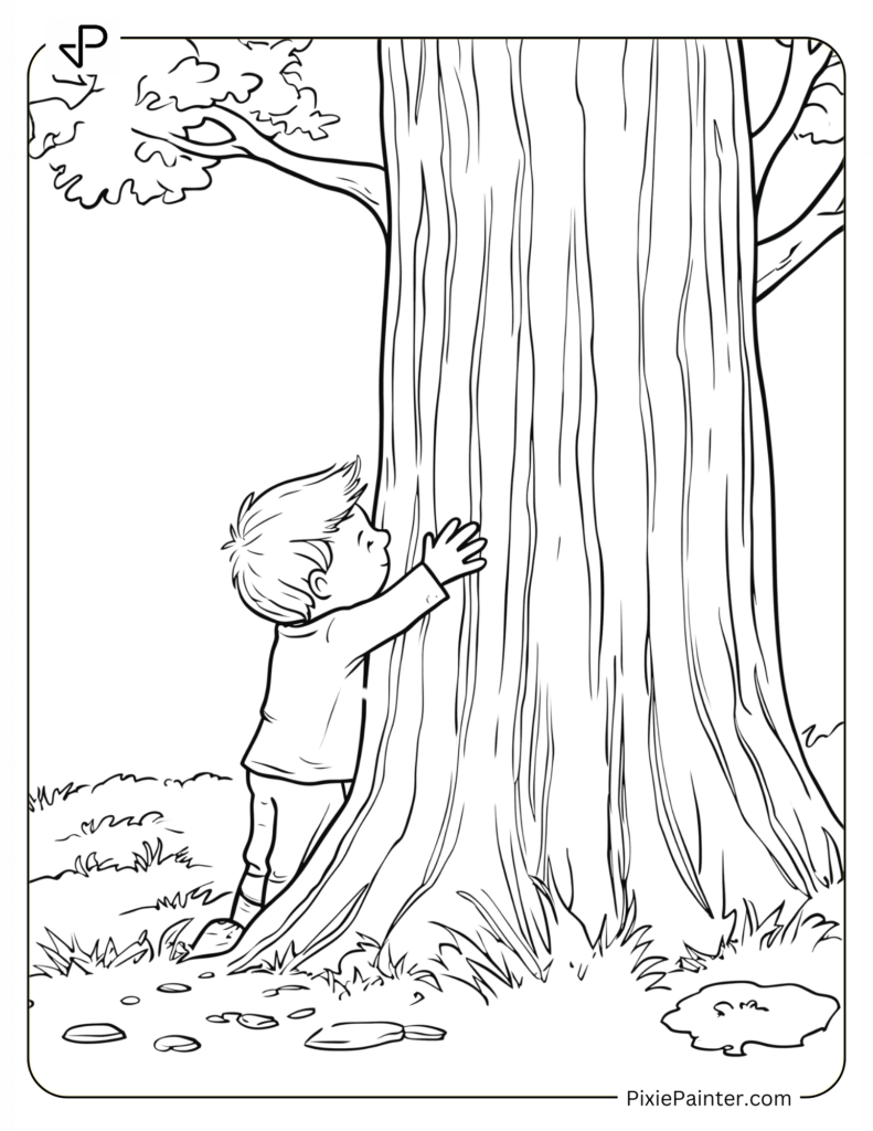 Earth Day Coloring Page With Child Hugging a Big, Friendly Tree