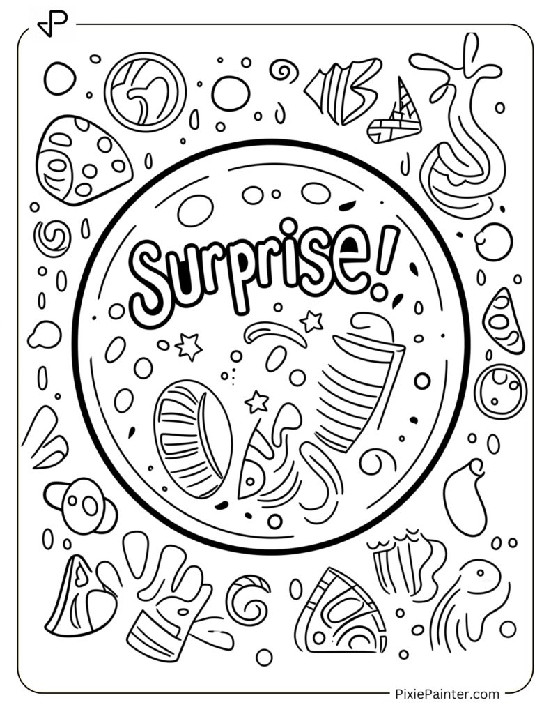 April Fools Day Coloring Page - “Surprise!” Surrounded By Playful Shapes