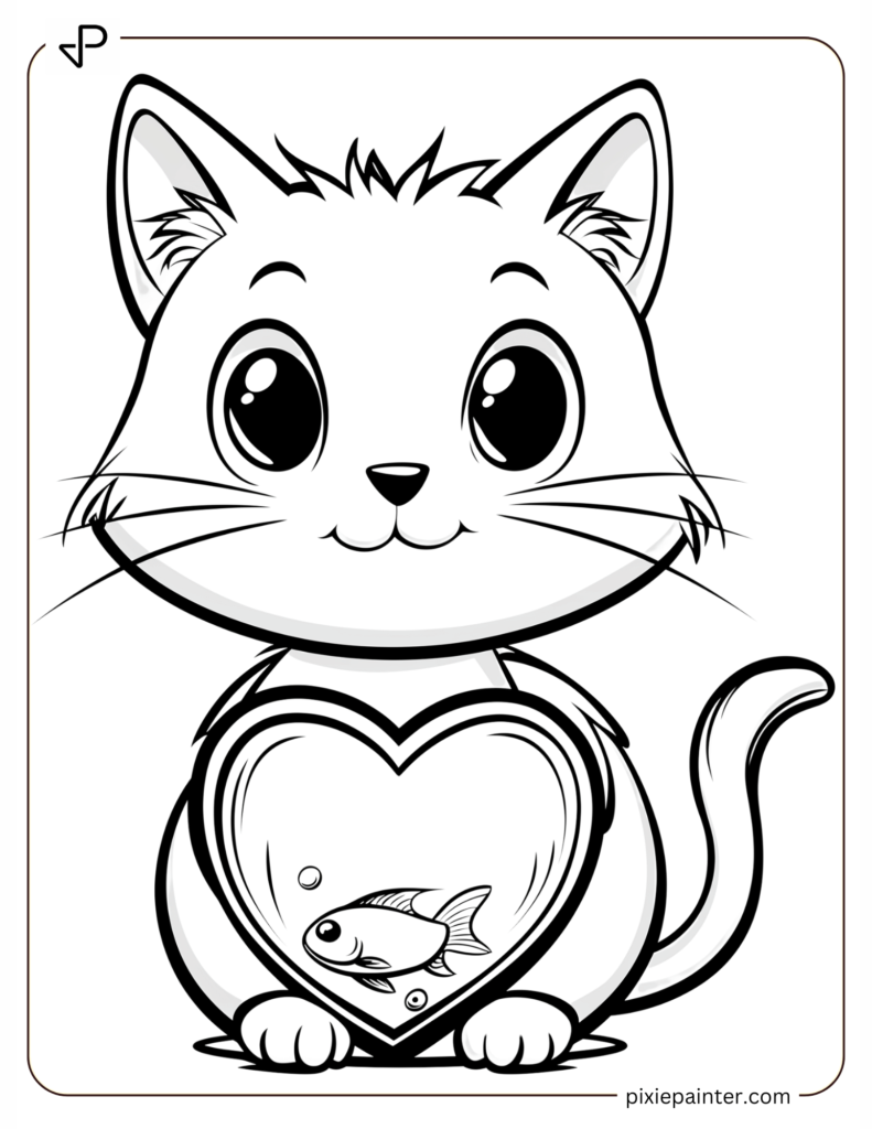 Valentine's Coloring Page Where Cat With A Heart-Shaped Fishbowl