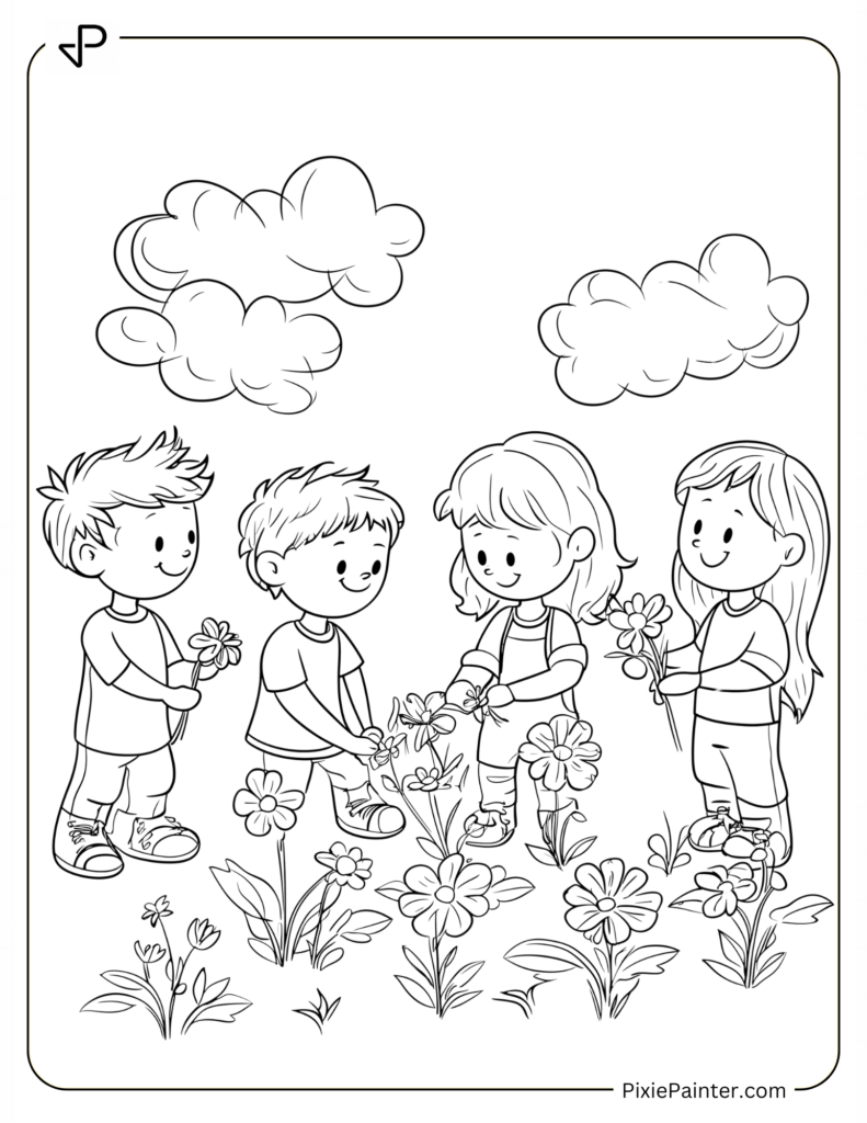 Small Group of Kids Planting Flowers