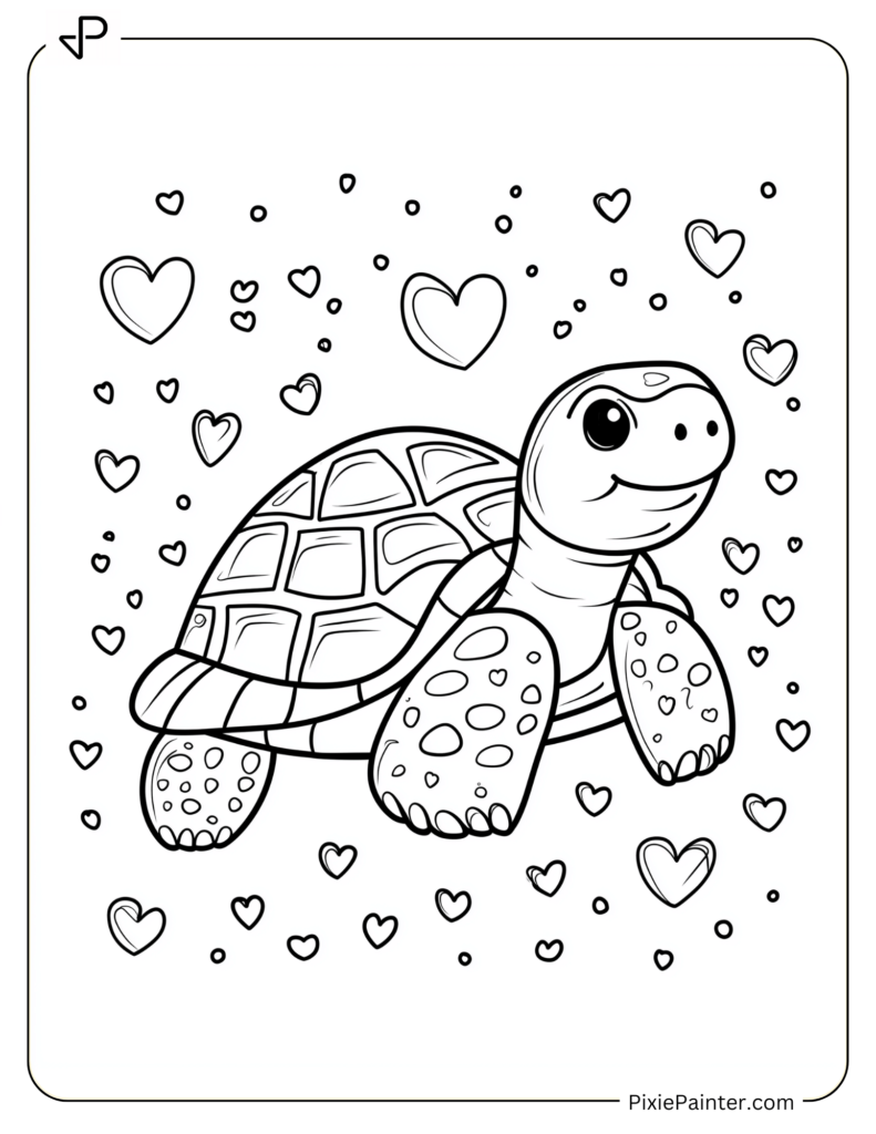 Tortoise coloring pages where it is Surrounded by Tiny Hearts