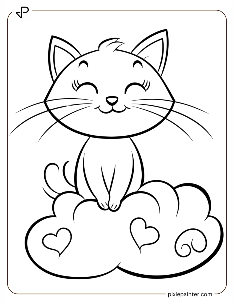 Valentine's Coloring Page Where Cat Sitting On A Heart-Imprinted Cloud