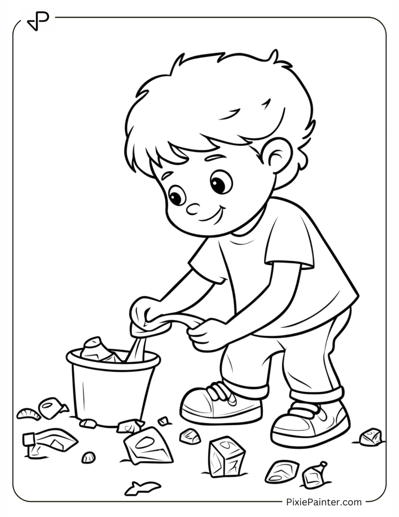 Earth Day Coloring Page With Kid Picking Up Trash for Clean Earth