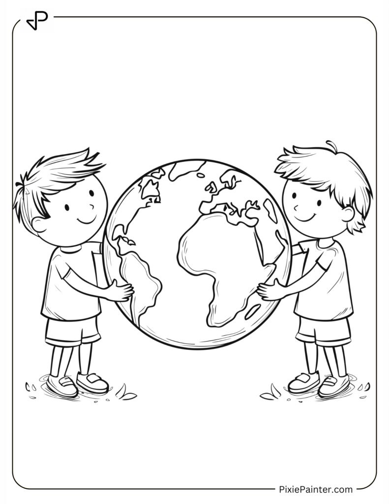 Earth Day Coloring Page With Two Kids Holding Hands Around Earth