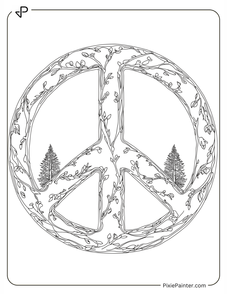 Earth Day Coloring Page With Peace Sign with Small Trees Inside