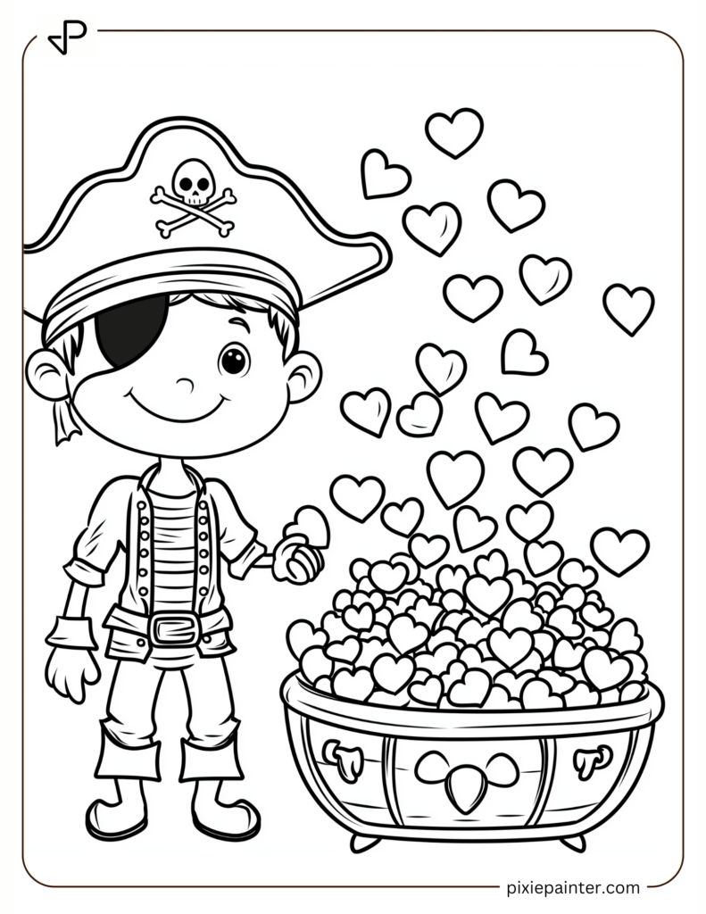 Valentine's day coloring pages for boys of Boy Pirate with a Treasure Chest Full of Hearts