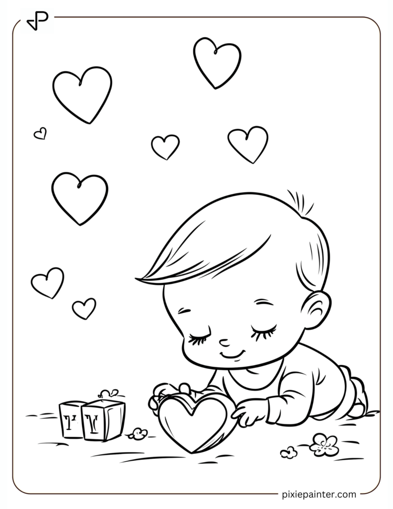 4. Cute Baby Playing WIth Hearts Boxes-cute valentine's coloring pages