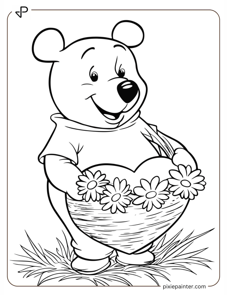 4. Pooh Carrying Daisies In Heart Shaped Basket -winnie the pooh valentines day coloring pages