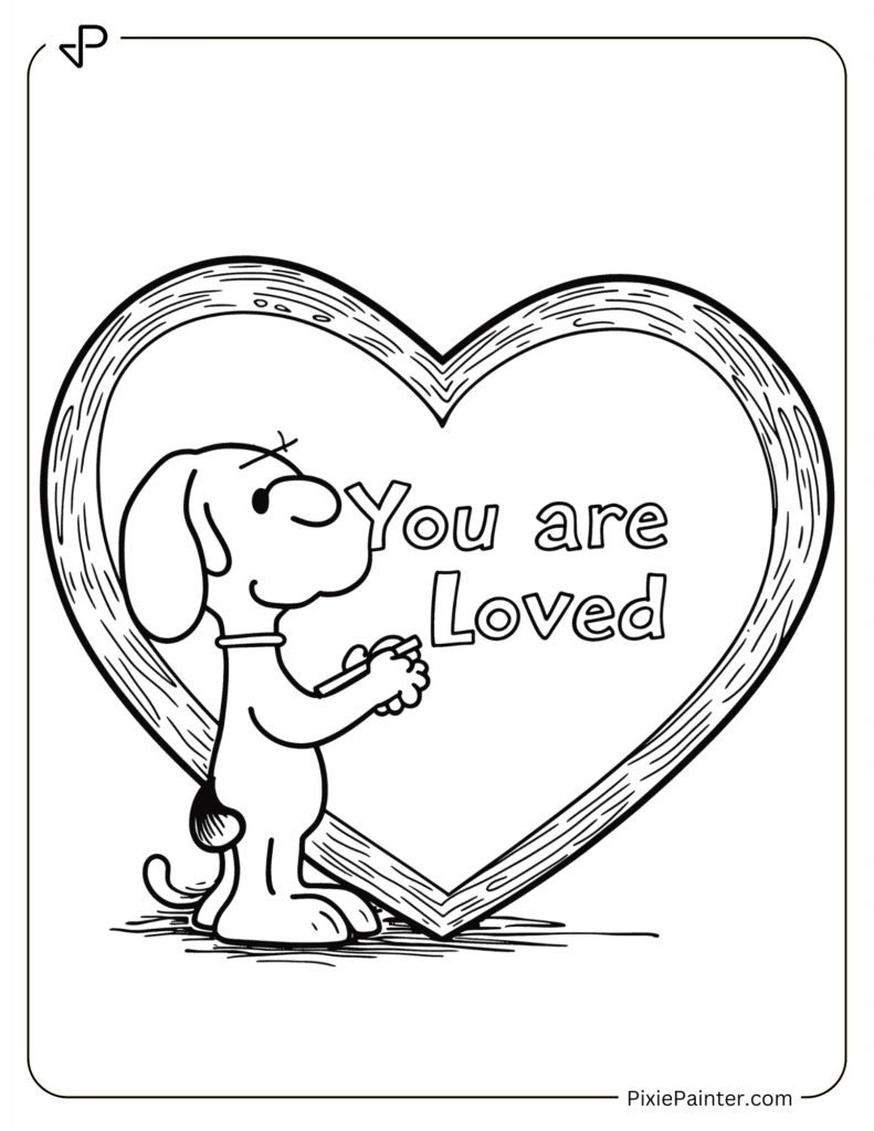 Coloring Page Where Snoopy Writing “You Are Loved” on Heart