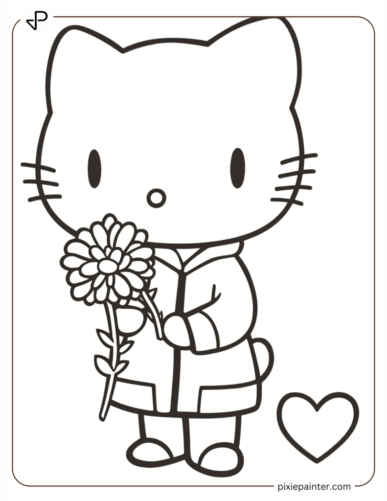 5. Cute Hello Kitty Holding Flowers-cute valentine's coloring pages