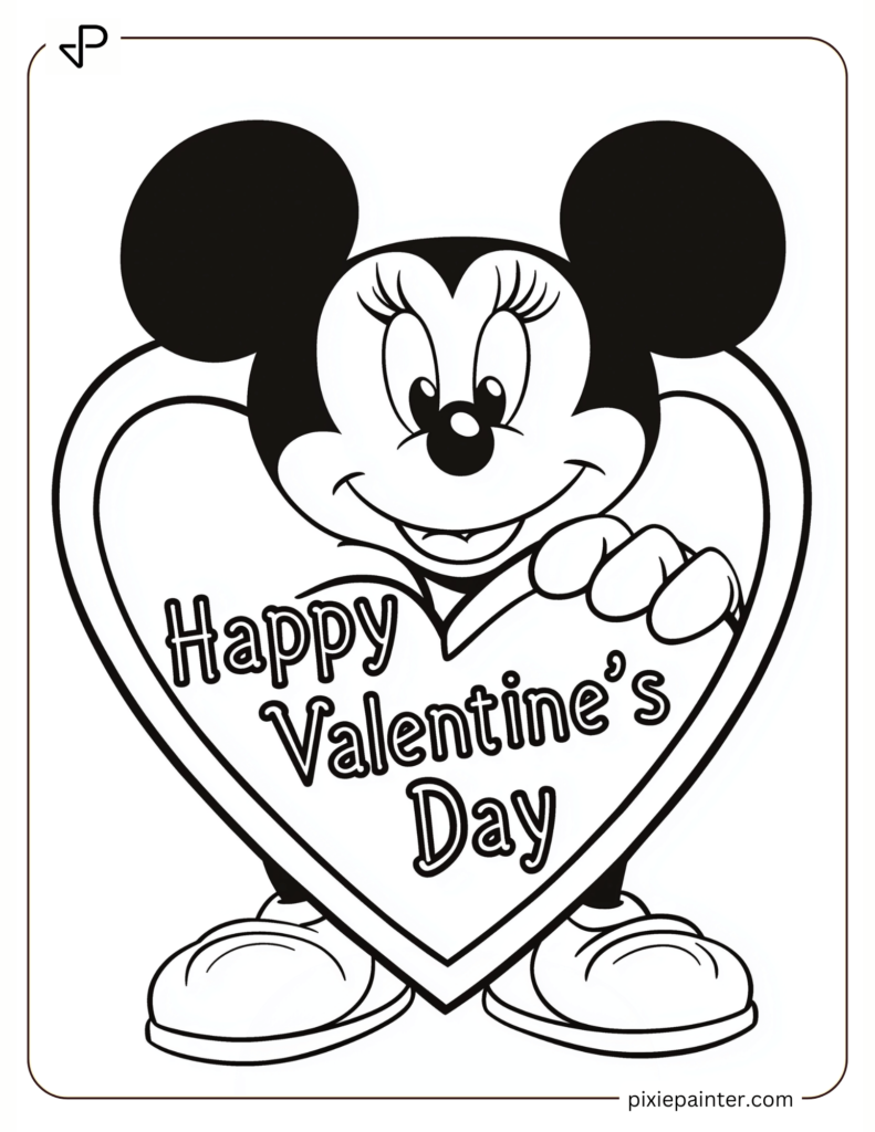 5. Minnie Writing _Happy Valentine's Day_ In Heartdisney valentine's day coloring pages