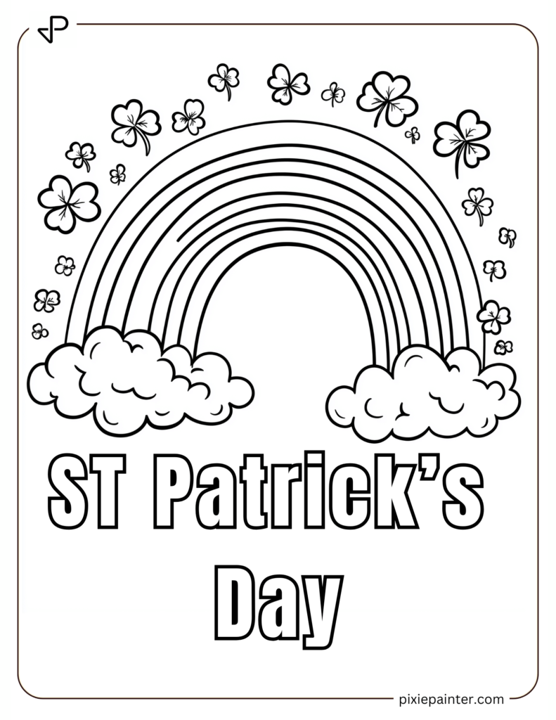 ST Patrick Day Coloring Pages of Rainbow with Clouds and Clovers