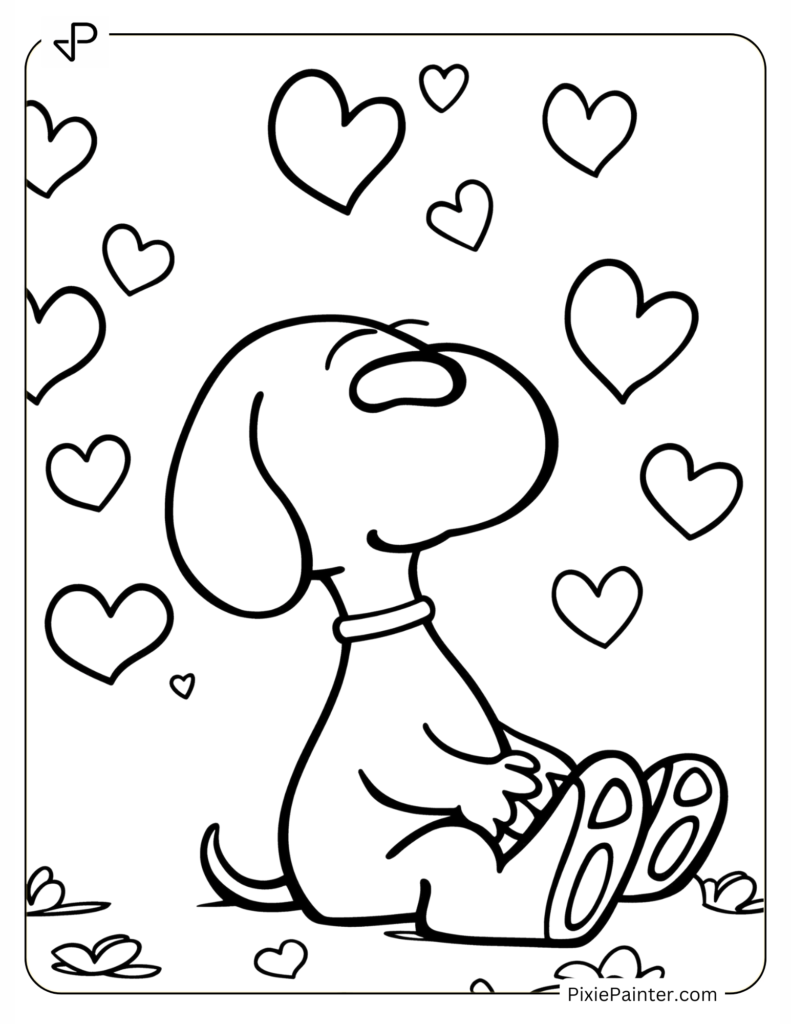 Snoopy Sitting with Hearts Floating Around