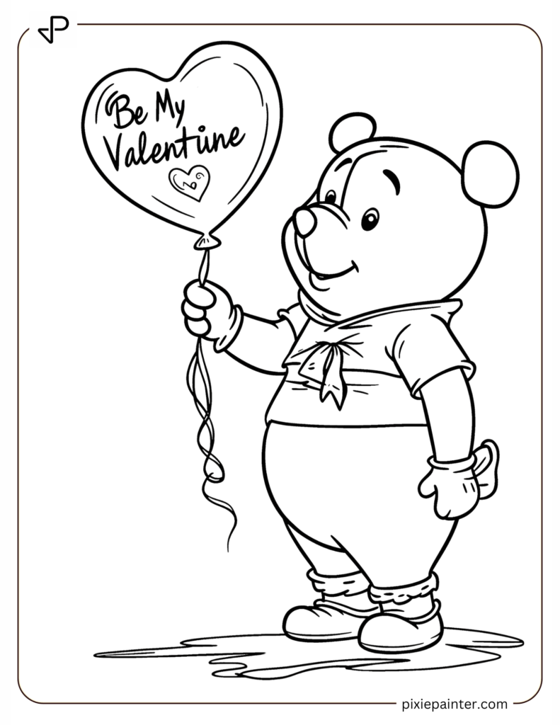 5. Winnie The Pooh Holding A Heart Balloon -winnie the pooh valentines day coloring pages