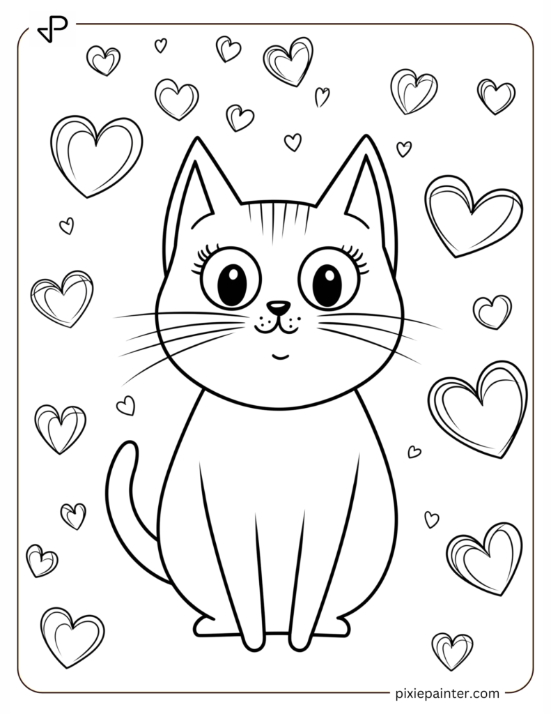 Valentine's Coloring Page Where Cat Surrounded By Floating Hearts