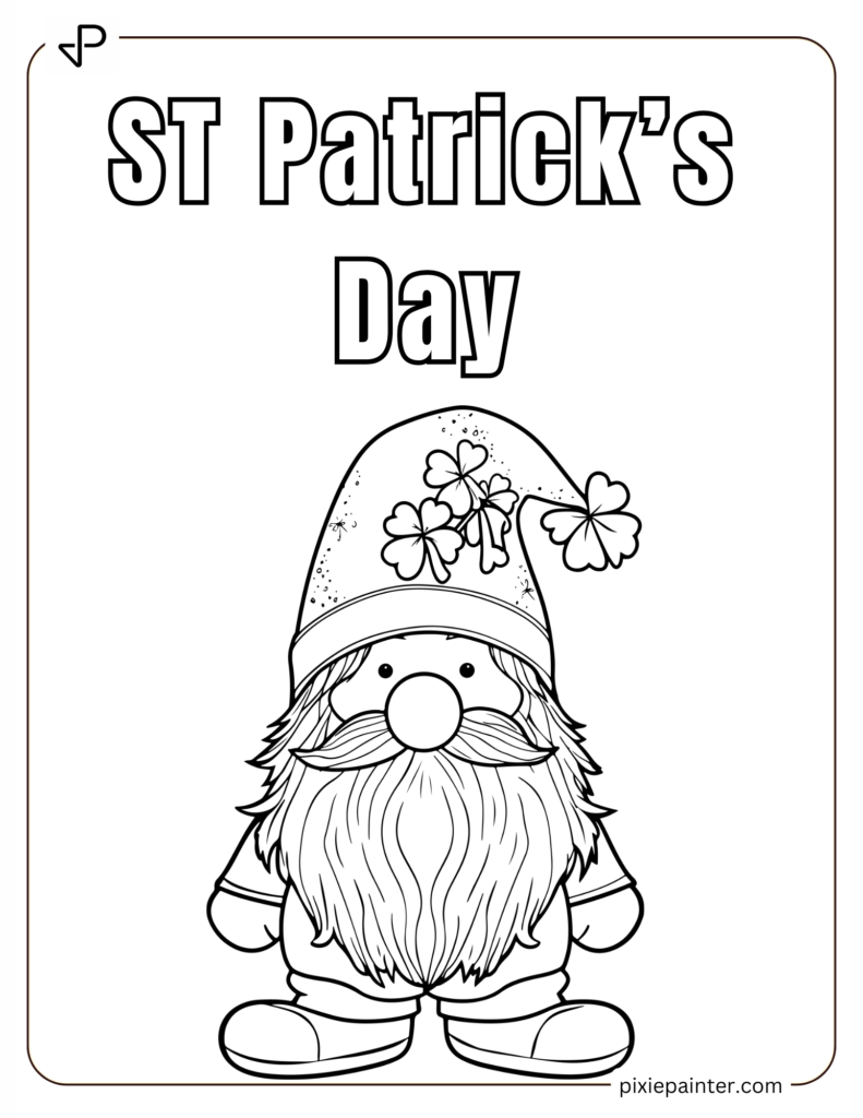 ST Patrick Day Coloring Pages of Cute Gnome with a Shamrock Hat