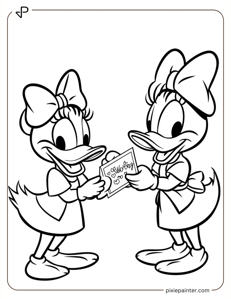 6. Donald And Daisy Sharing Valentine's Cards -disney valentine's day coloring pages