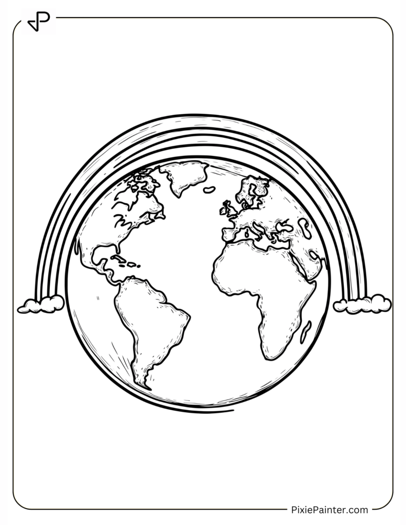 Earth Day Coloring Page - Earth with a Rainbow in the Background