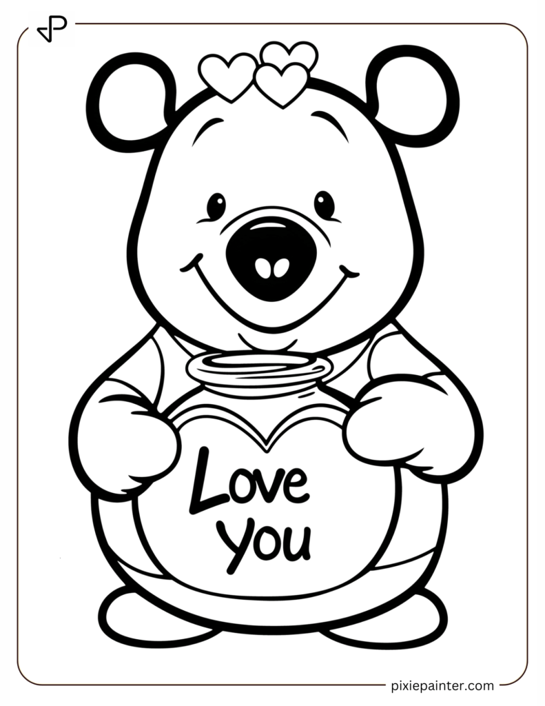 6. Pooh Holding A _Love You_ Honey Pot -winnie the pooh valentines day coloring pages