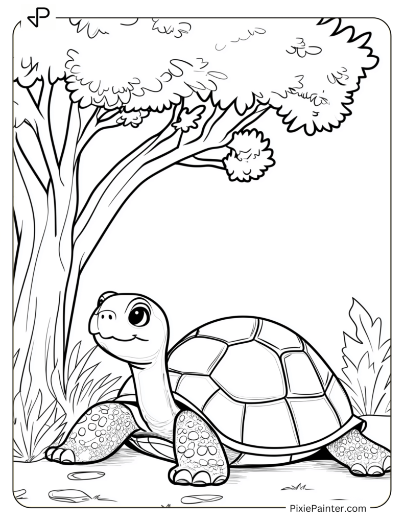 Relaxed Tortoise Sitting Under a Tree