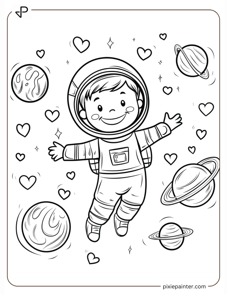 Astronaut Floating with Heart Shaped Planets