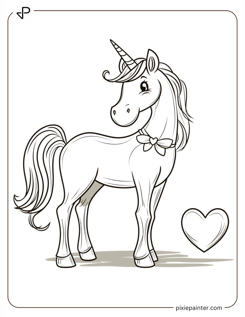 7. Cute Unicorn With Bow Standing Wih Heart-cute valentine's coloring pages