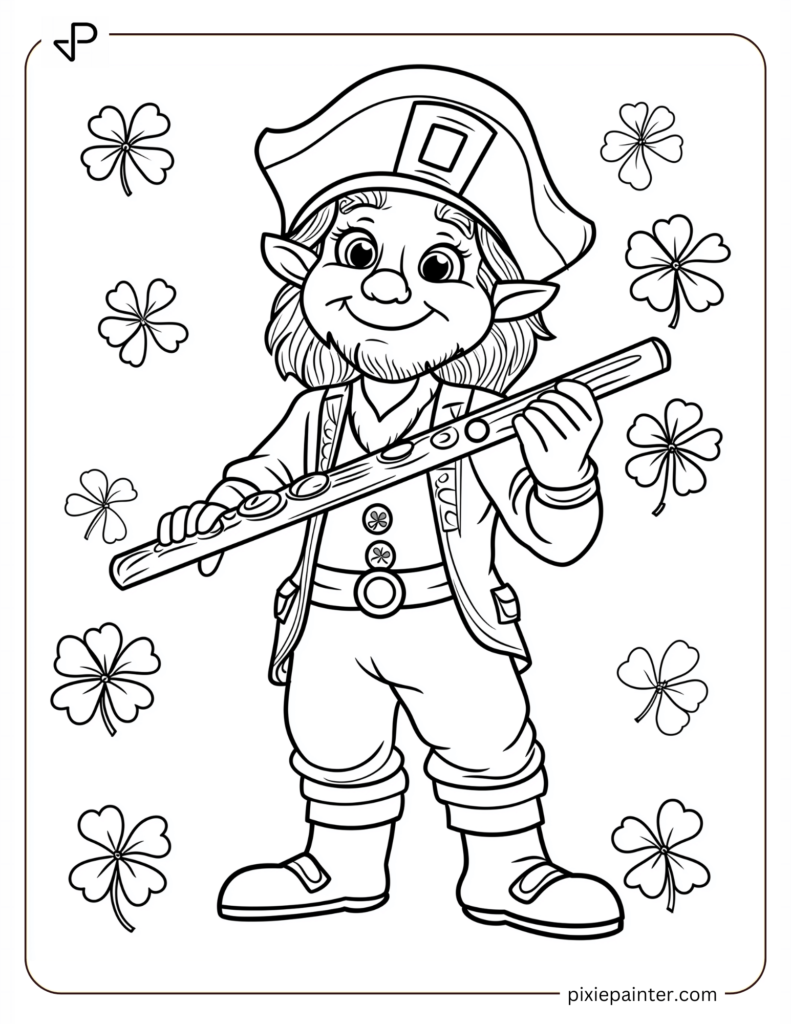 ST Patrick Day Coloring Pages of Leprechaun Playing the Flute