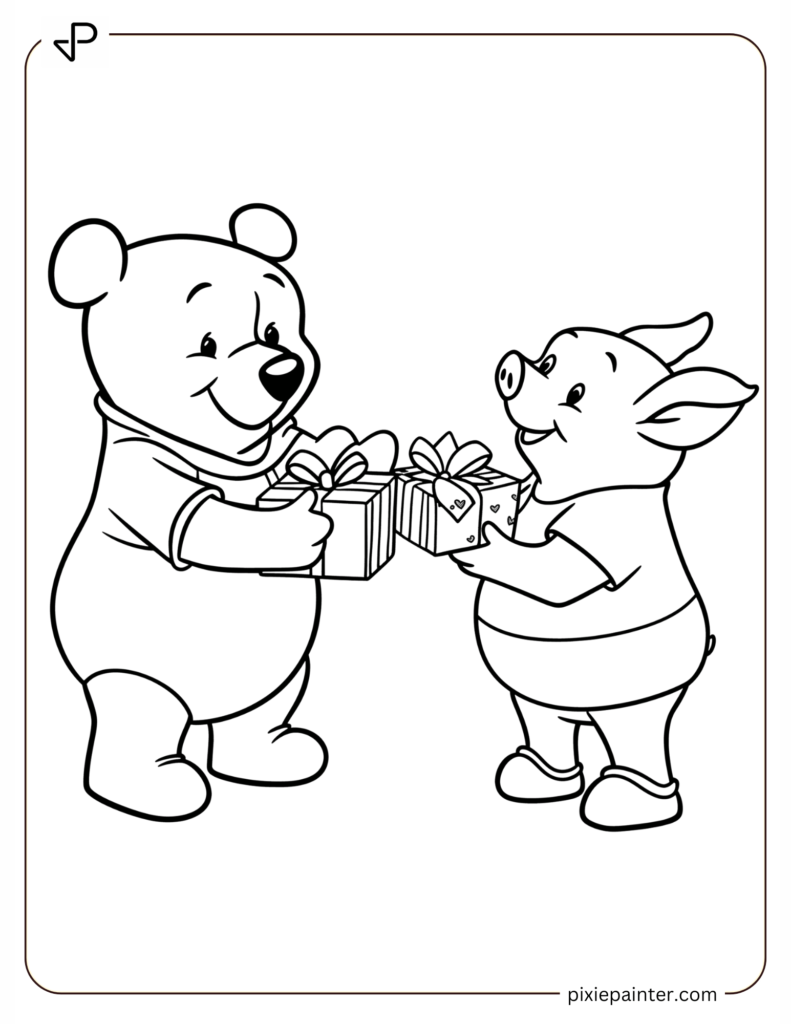 7. Pooh And Piglet Sharing Valentine Gifts -winnie the pooh valentines day coloring pages