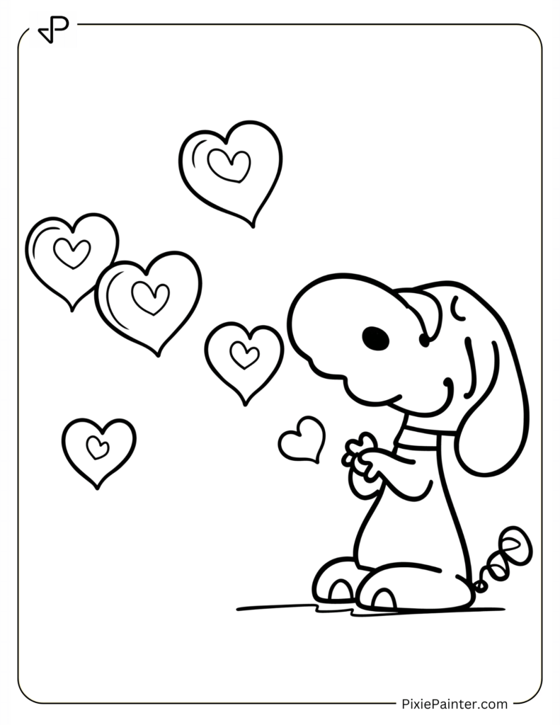 Coloring Page Where Snoopy Blowing Heart-Shaped Bubbles Playfully