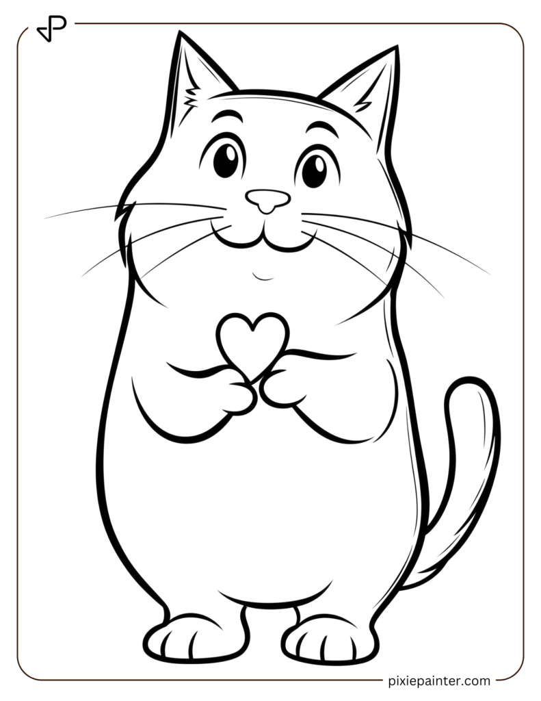 Valentine's Coloring Page Where Cat Holding A Tiny Heart In Its Paw