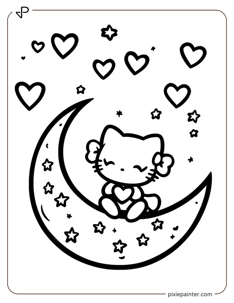 Hello Kitty Sitting on a Moon with Heart Stars