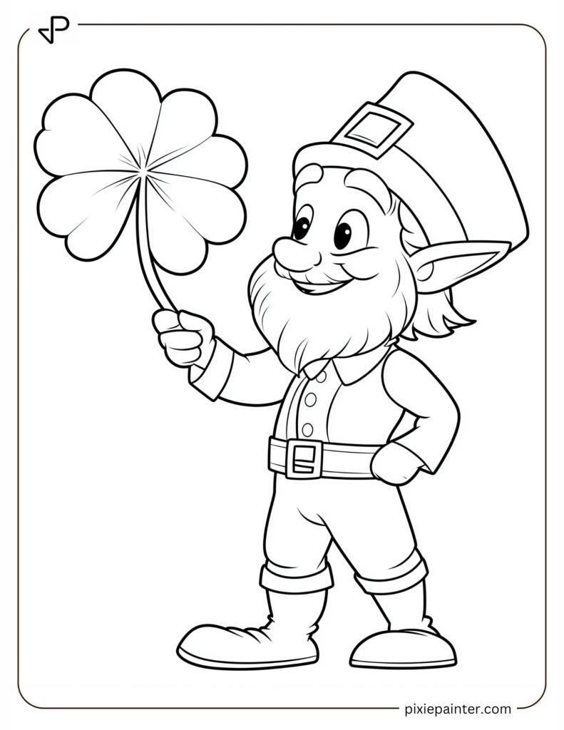 ST Patrick Day Coloring Pages of Leprechaun Holding a Four Leaf Clover