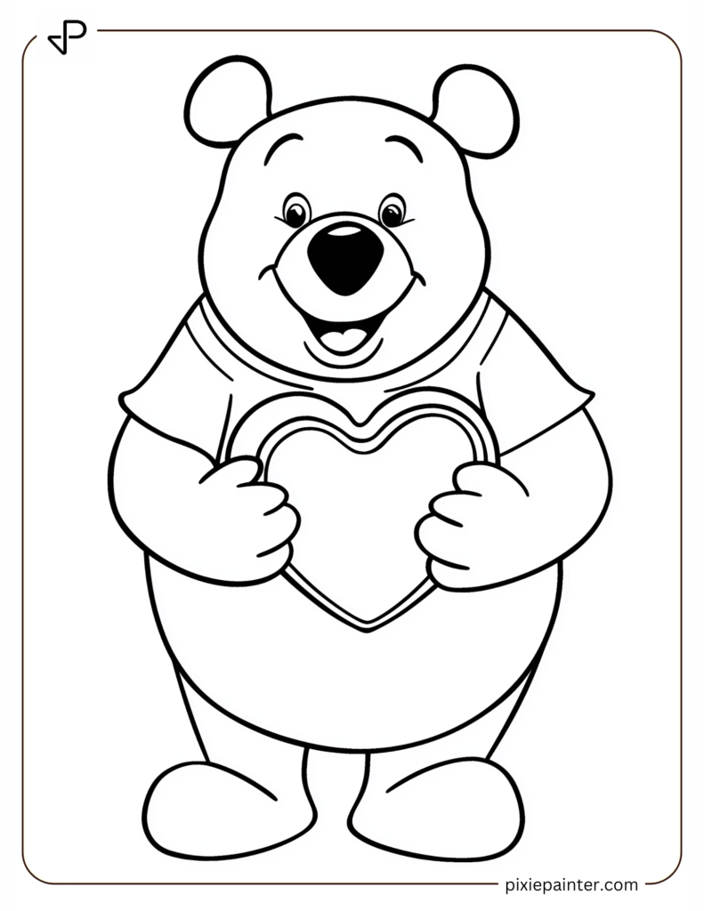 8. Winnie The Pooh Holding A Cute Heart -disney valentine's day coloring pages