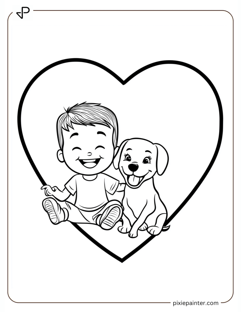 Boy and Puppy Sitting Inside a Giant Heart