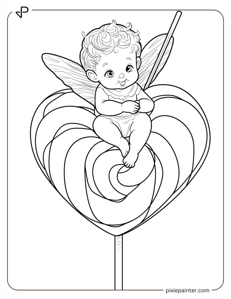 9. Cute Angel Baby Sitting on Lolipop-cute valentine's coloring pages