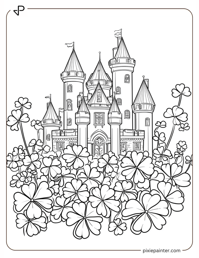 ST Patrick Day Coloring Pages of Irish Castle with Clovers