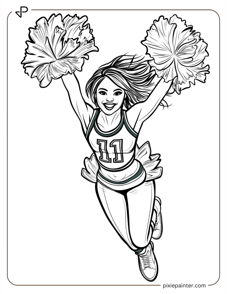 Coloring Page of Philadelphia Eagles Cheerleader Jumping Illustration