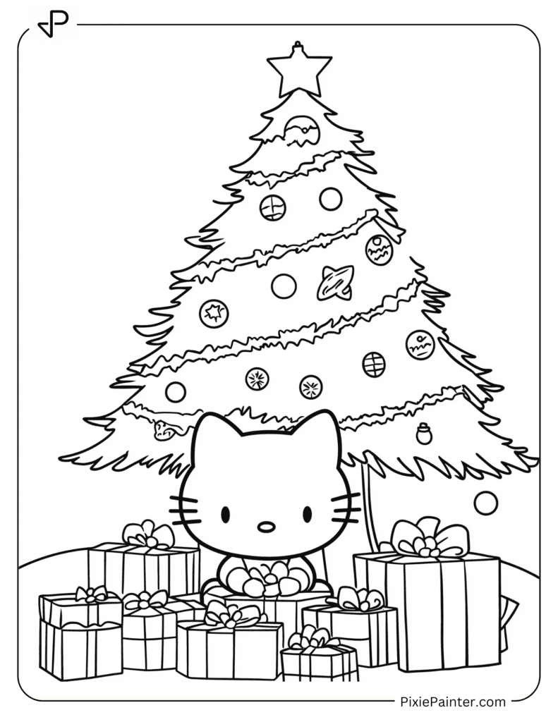 Hello Kitty Sitting Under A Christmas Tree With Presents