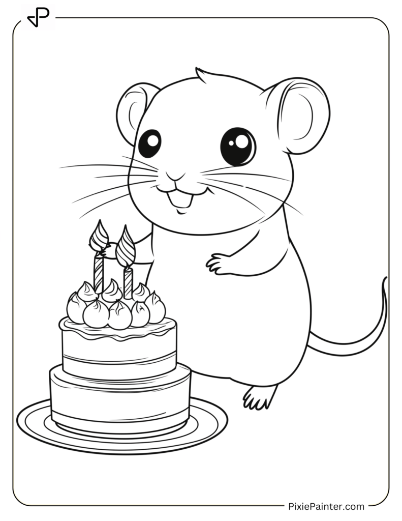 Coloring Page Where Hamster Celebrating With A Cute Birthday Cake