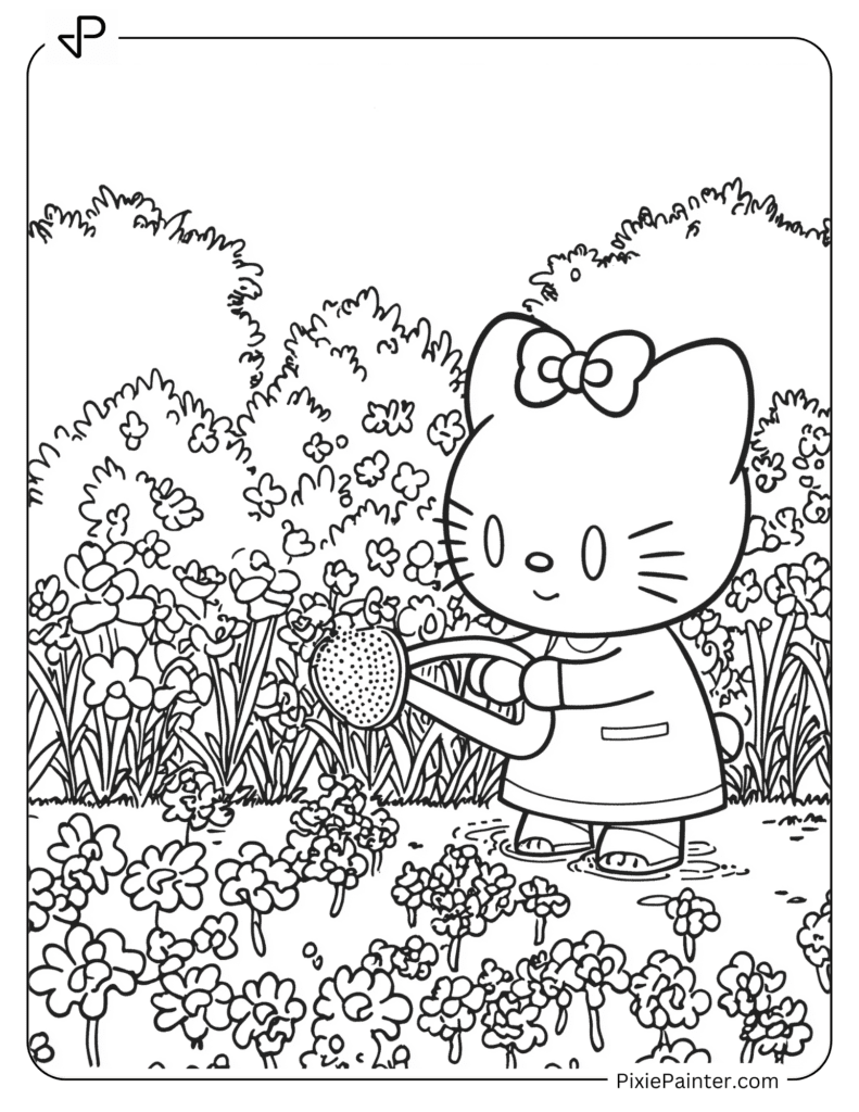 Hello Kitty Watering Flowers In A Garden